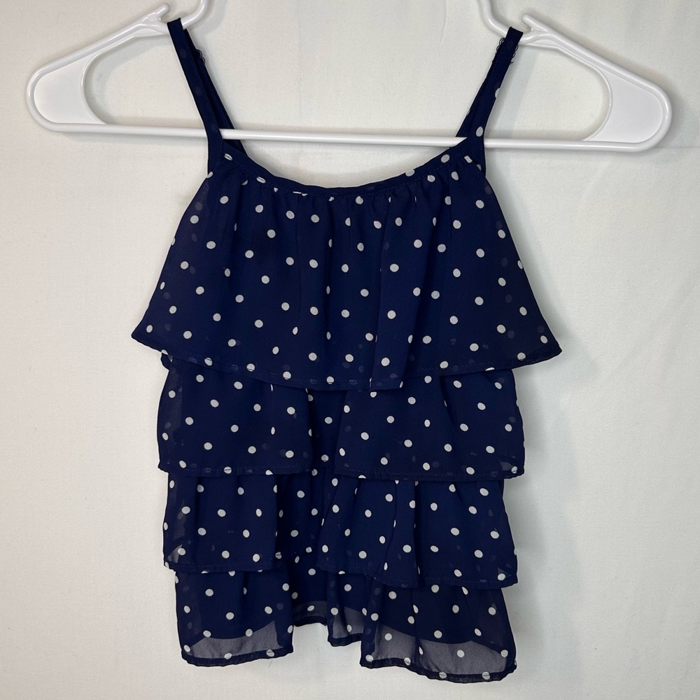 Cherokee Blue White Polka Dot Girl’s Ruffle Layered Strapless Adjustable Top 6X